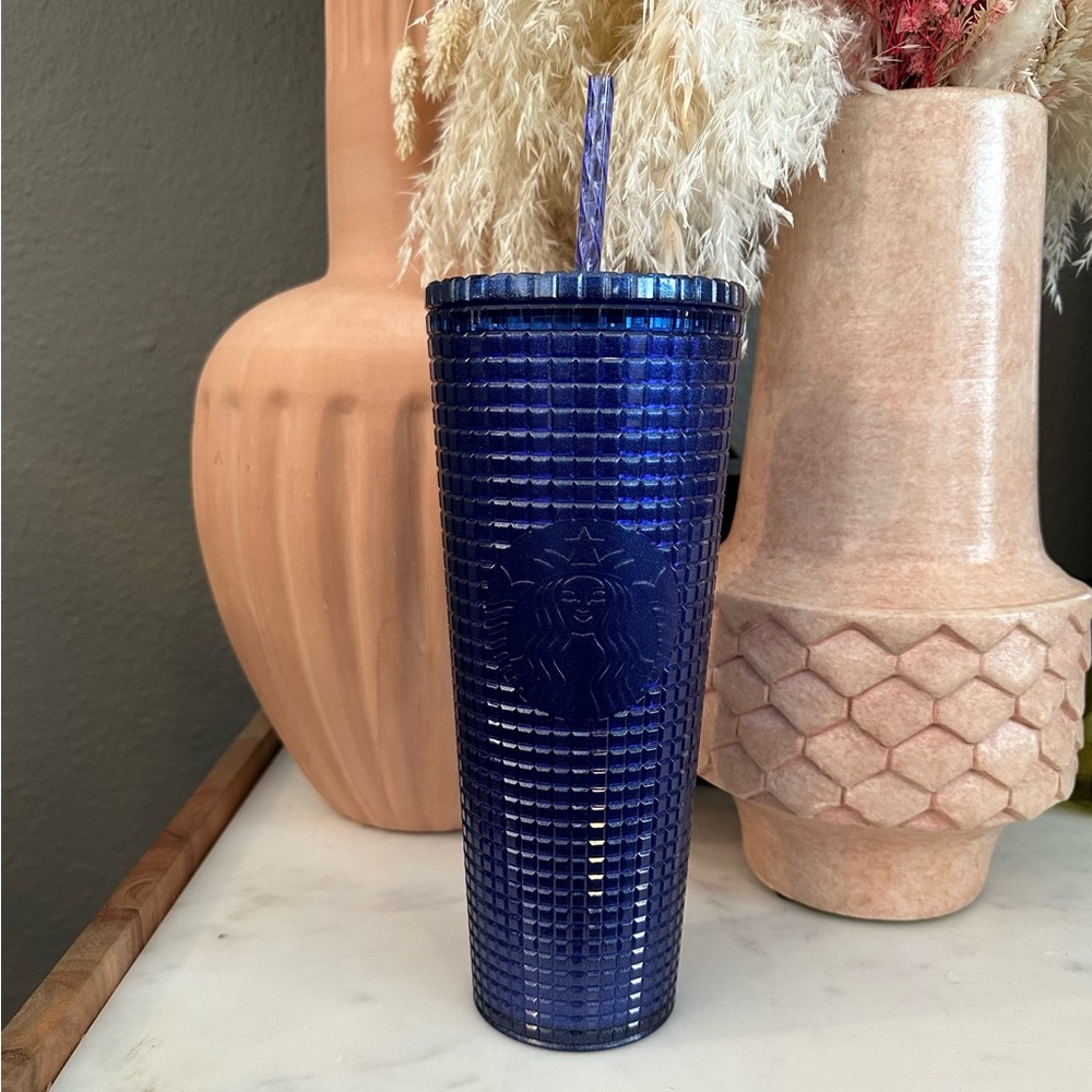 Starbucks Tumbler Grid Pearl Cobalt Blue Straw 24oz Cold Cup Plastic Shimmer NWT